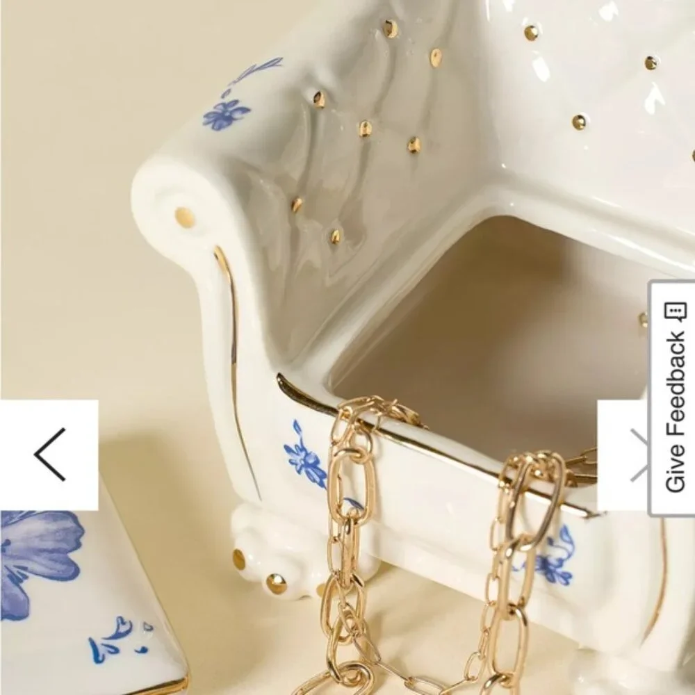 Urban Outfitters Ceramic Armchair Jewelry Box Holder White Blue Floral Unique